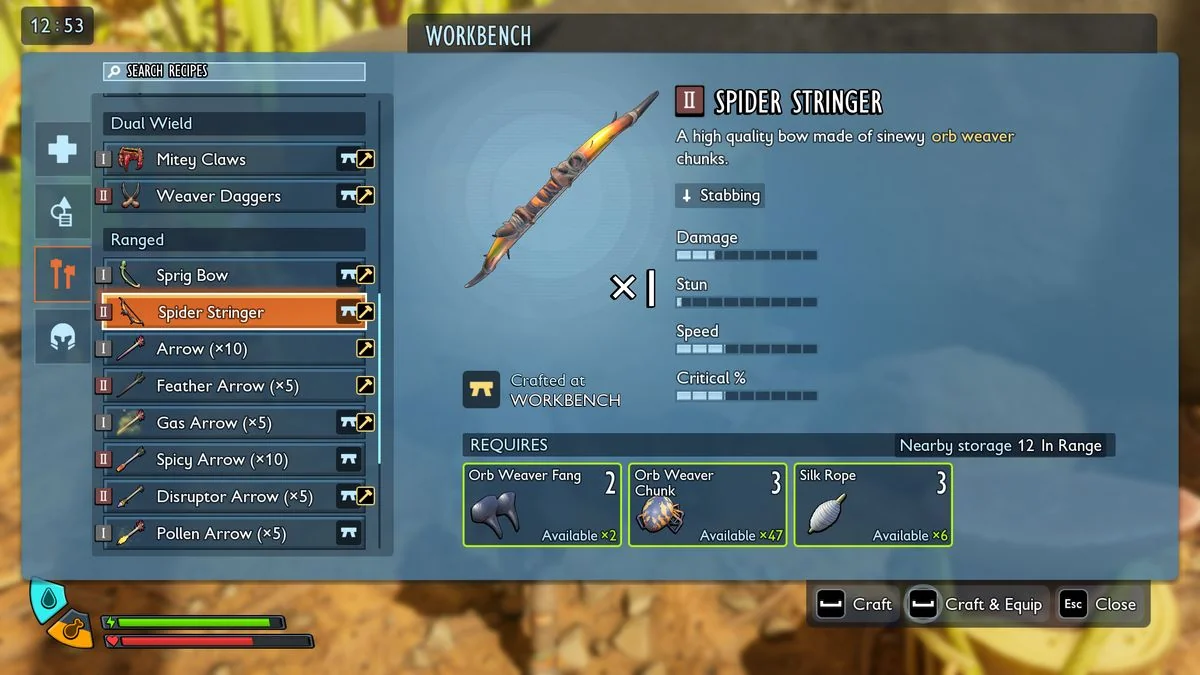 grounded-2-die-besten-waffen-und-rustungen-fur-den-kampf-gegen-gefahrliche-kreaturen_img_4 | etalongame.de Grounded 2 beste Waffen: Das Rezept für den Spinnen-Saitenbogen in der Werkbank-Oberfläche.