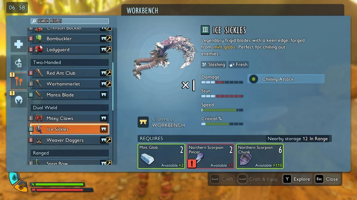 grounded-2-die-besten-waffen-und-rustungen-fur-den-kampf-gegen-gefahrliche-kreaturen_img_5 | etalongame.de Grounded 2 beste Waffen: Das Eiszapfen-Rezept im Werkbank-Interface.