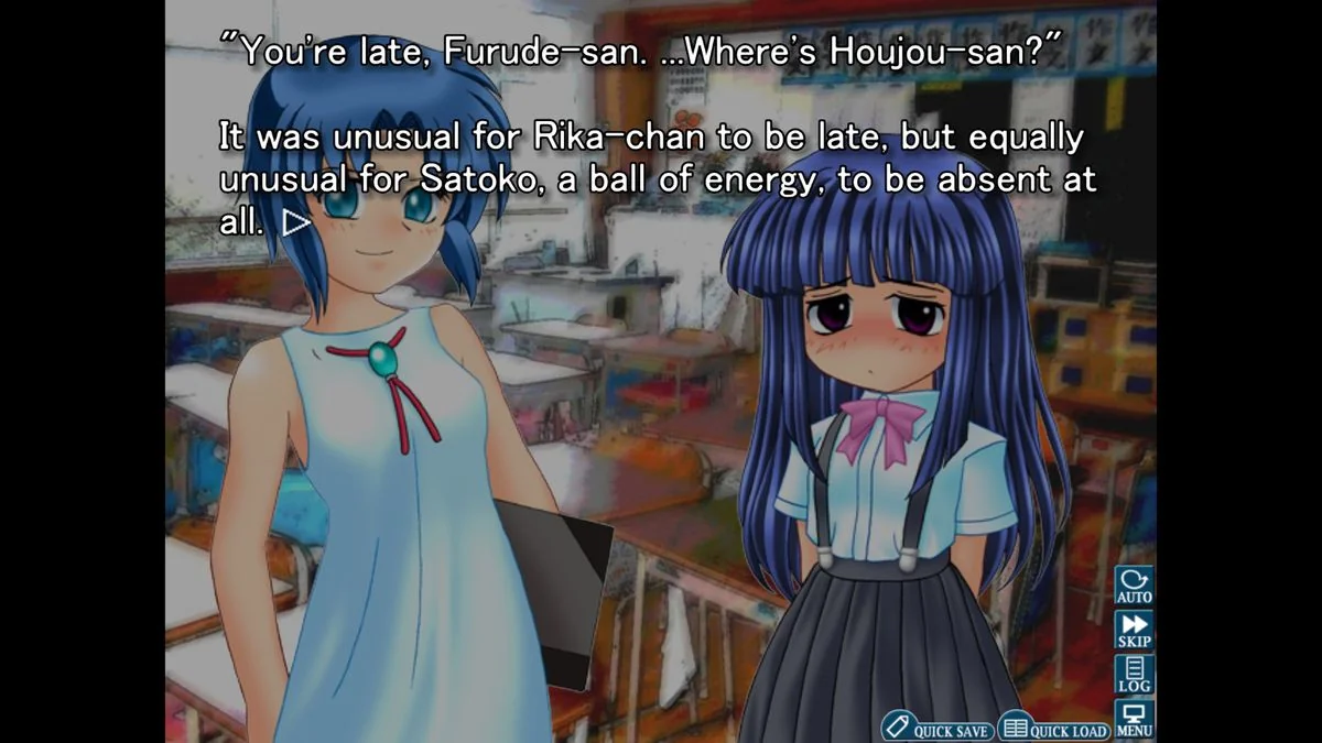 higurashi-when-they-cry-ein-kultklassiker-des-horror-genres_img_3 | etalongame.de Houjou fehlt in der Schule in Higurashi: When They Cry und der Lehrer fragt, wo sie ist