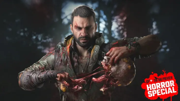 Schlüsselgrafik für Dying Light: The Beast Horror-Special-Abzeichen, das Kyle Crane zeigt, der mit bloßen Händen den Schädel eines Infizierten auseinanderreißt