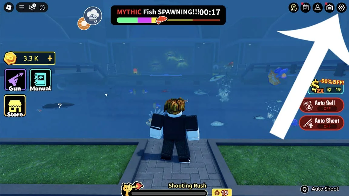 loot-fish-codes-kostenlose-gluckstranke-fur-roblox-spieler_img_0 | etalongame.de Ein Pfeil, der auf die Schaltfläche zeigt, die Spieler drücken müssen, um auf das Codes-Menü im Roblox-Spiel Loot Fish zuzugreifen.