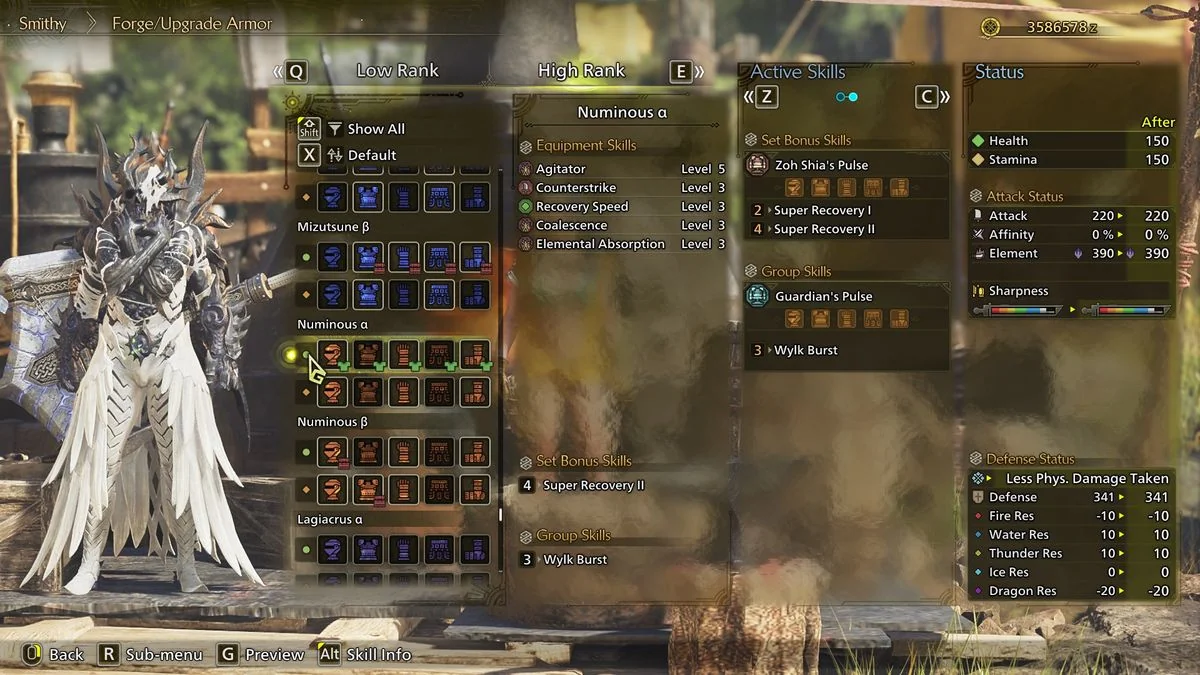 monster-hunter-wilds-die-besten-rustungen-fur-den-einstieg-und-niedrige-range_img_7 | etalongame.de Das Numinous Hochrang-Rüstungsset und die zugehörigen Fertigkeiten in Monster Hunter Wilds.