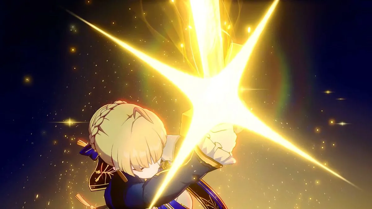 saber-jetzt-spielbar-in-honkai-star-rail_img_2 | etalongame.de Saber aus Honkai: Star Rail hält ihr Schwert hoch, während es gelb leuchtet