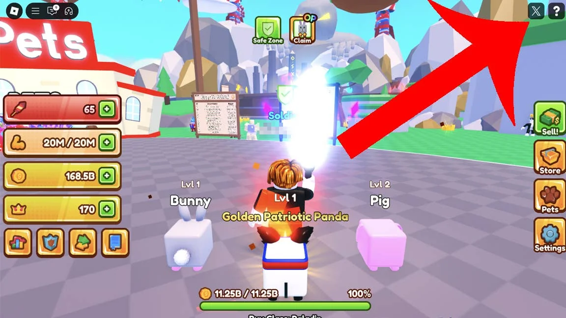 saber-simulator-codes-fur-kostenlose-kronen-und-munzen_img_0 | etalongame.de Pfeil, der auf die Codes-Schaltfläche im Roblox-Spiel Saber Simulator zeigt.
