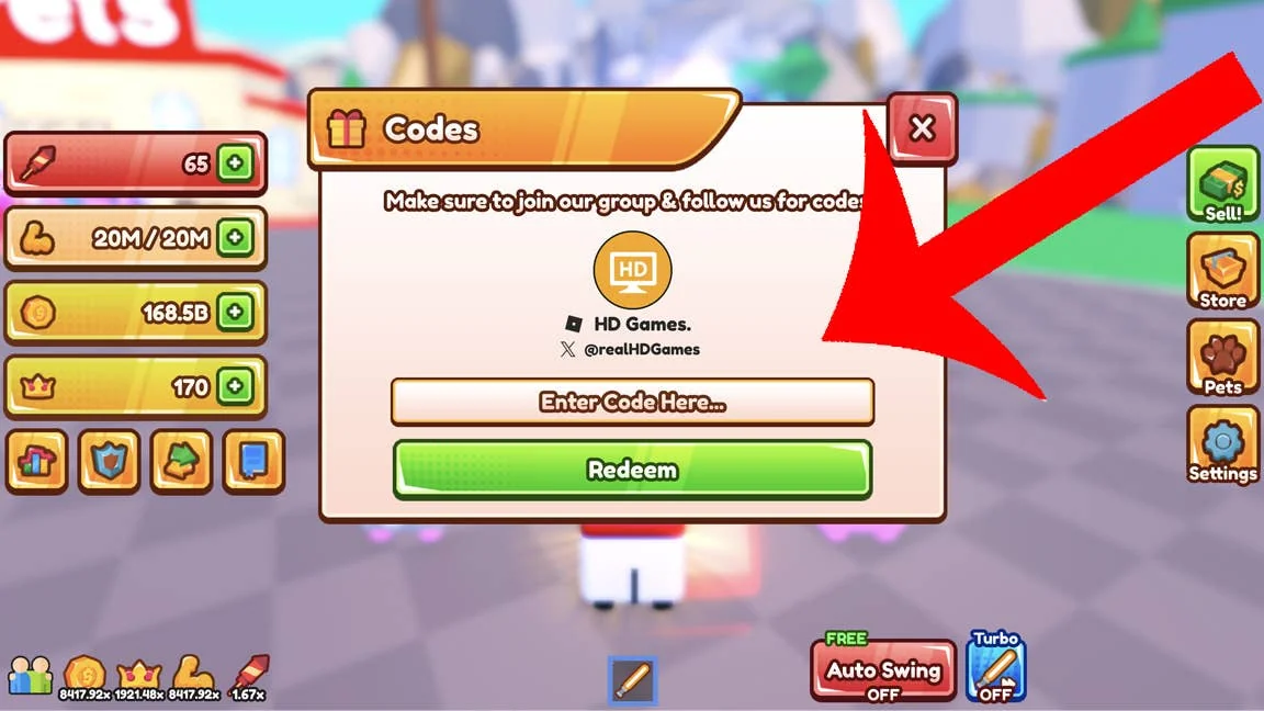 saber-simulator-codes-fur-kostenlose-kronen-und-munzen_img_1 | etalongame.de Pfeil, der auf das Codes-Menü im Roblox-Spiel Saber Simulator zeigt.