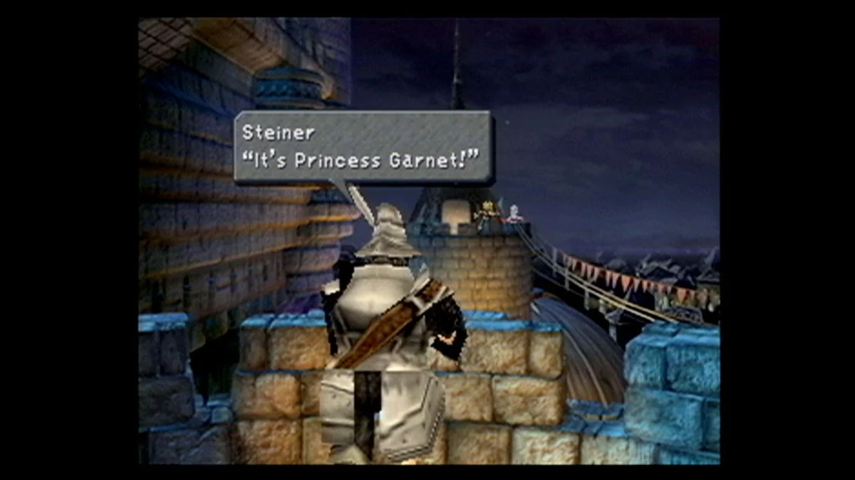 sollte-ein-remake-von-final-fantasy-9-in-betracht-gezogen-werden_img_2 | etalongame.de Steiner sieht Zidane, der Prinzessin Garnet in der Ferne über die Zinnen in Final Fantasy 9 verfolgt