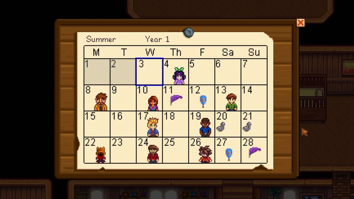 stardew-valley-so-aktiviert-man-cheats-ohne-mods_img_10 | etalongame.de Der Stardew Valley Kalender, mit Geburtstagen für verschiedene Charaktere.
