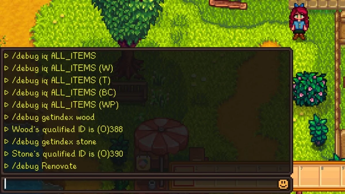 stardew-valley-so-aktiviert-man-cheats-ohne-mods_img_2 | etalongame.de Das Stardew Valley Konsolenbefehl-Menü, das in Patch 1.6.9 zugänglich gemacht wurde. Das Chatfenster enthält eine lange Liste von verschiedenen Cheats und Debug-Befehlen.