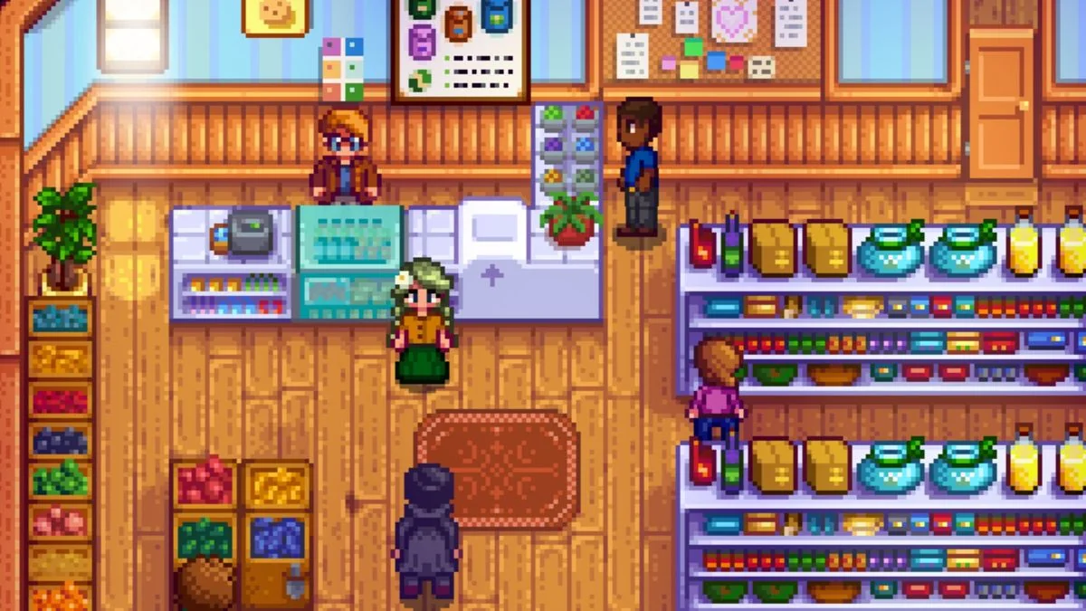 stardew-valley-so-aktiviert-man-cheats-ohne-mods_img_4 | etalongame.de Der Stardew Valley Allgemeinladen, der Pierre (hinter der Theke stehend) und seiner Familie gehört. Pierre spricht mit dem Spielercharakter und wird gleich von einem Joja Mart NPC unterbrochen.
