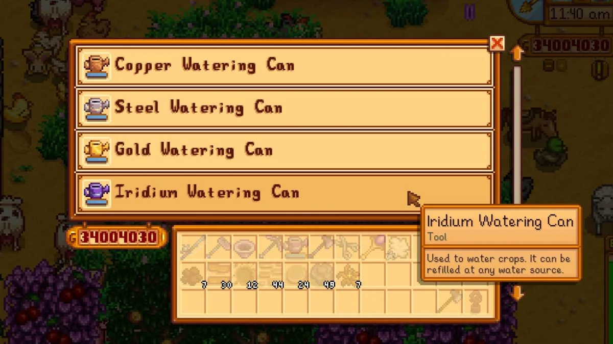 stardew-valley-so-aktiviert-man-cheats-ohne-mods_img_5 | etalongame.de Das im Spiel verfügbare Stardew Valley-Shop-Menü, das über den Cheat-Befehl "debug iq ALL_ITEMS" zugänglich ist - im Menü hier werden alle Gießkannen-Upgrades dank des Cheats kostenlos angezeigt.