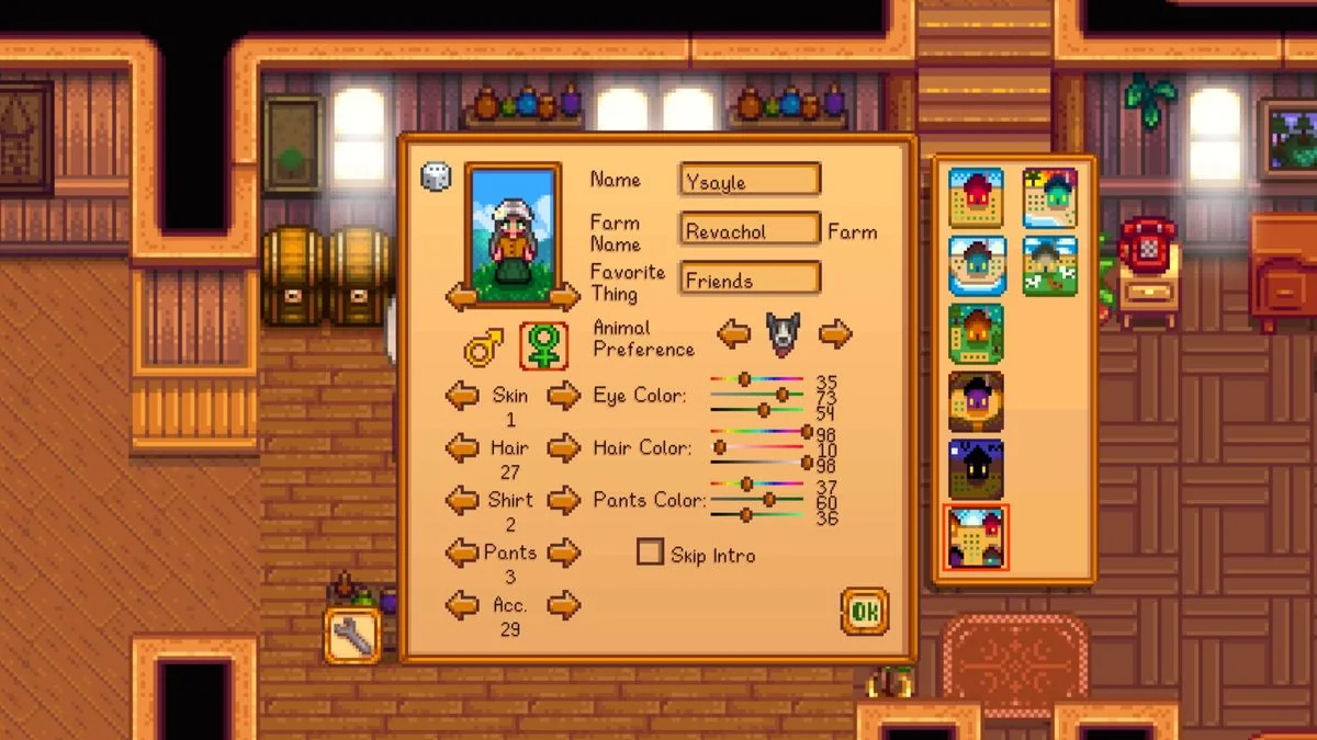 stardew-valley-so-aktiviert-man-cheats-ohne-mods_img_7 | etalongame.de Der Spieleranpassungsbildschirm in Stardew Valley. Er wird nicht an seinem typischen Ort, einem Spiegel oder beim Start, verwendet, sondern durch einen Cheat gestartet. Es gibt Optionen, um Namen, Tierpräferenzen, Haut, Haare und Kleidung zu ändern.