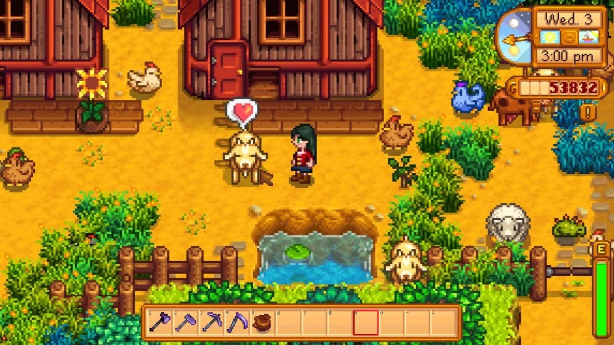 stardew-valley-so-aktiviert-man-cheats-ohne-mods_img_8 | etalongame.de Stardew Valley-Bauer interagiert mit ihrer Ziege, die ein kleines Herz über dem Kopf hat, da sich die Zuneigungsstufen verbessert haben.