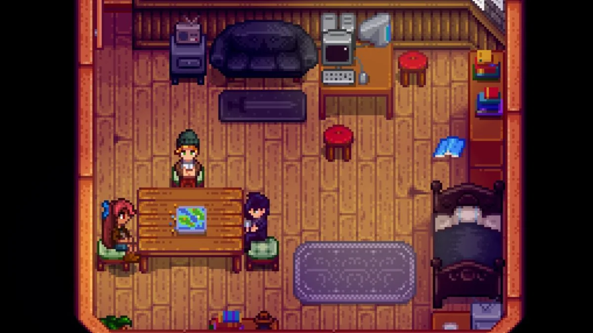 stardew-valley-so-aktiviert-man-cheats-ohne-mods_img_9 | etalongame.de Stardew Valley Junggesellen Sam und Sebastian spielen ein Spiel mit der Spielerfigur während eines der Herzereignisse des Spiels.