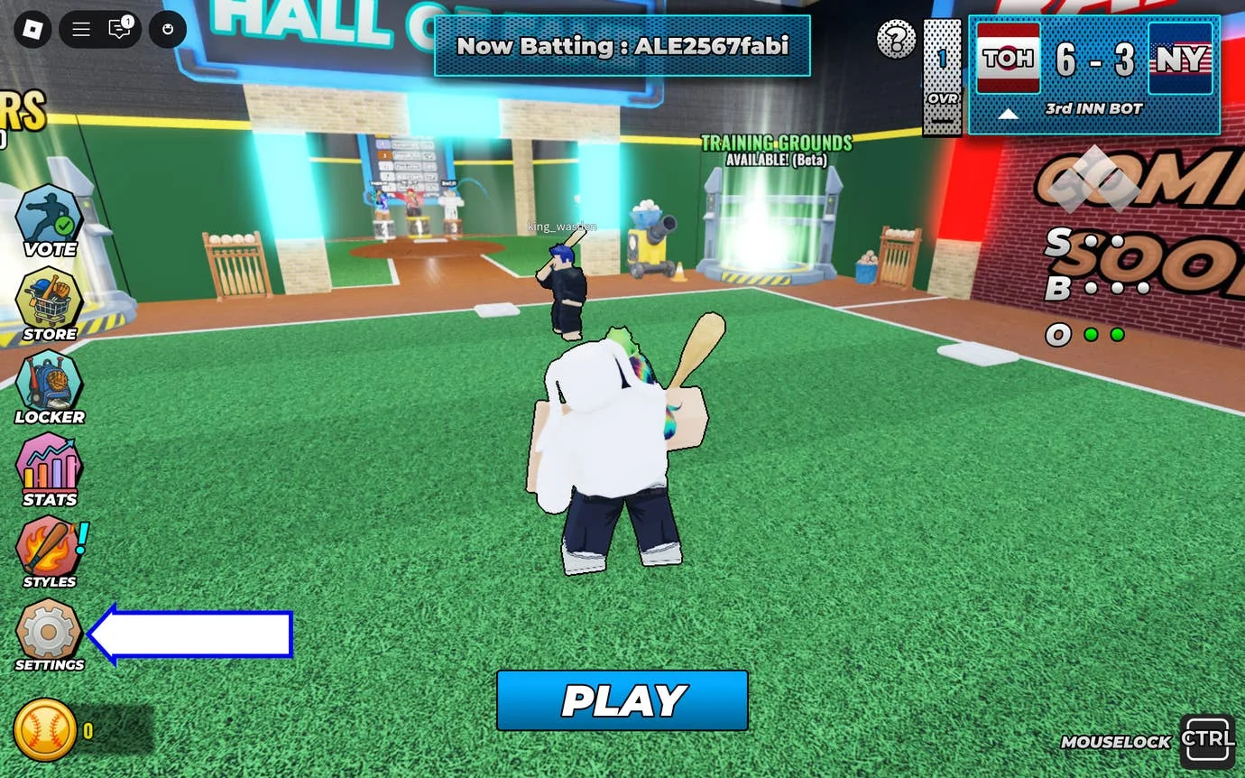 superstar-baseball-alle-aktuellen-codes-und-wie-man-sie-einlost_img_0 | etalongame.de Ein Screenshot von Superstar Baseball in Roblox, der den Einstellungsbutton des Spiels zeigt.