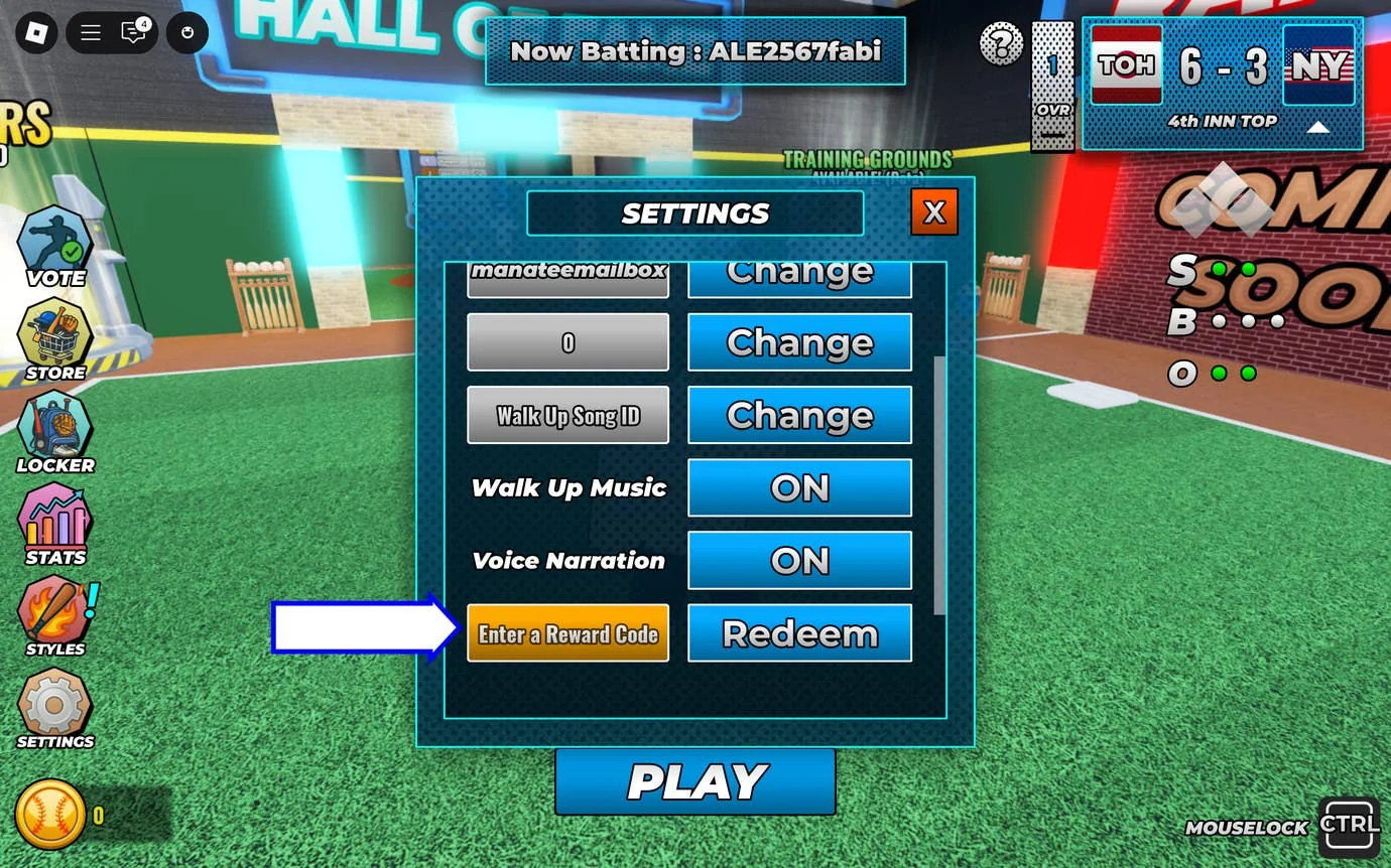 superstar-baseball-alle-aktuellen-codes-und-wie-man-sie-einlost_img_1 | etalongame.de Ein Screenshot von Superstar Baseball in Roblox, der das Codes-Feld des Spiels zeigt.