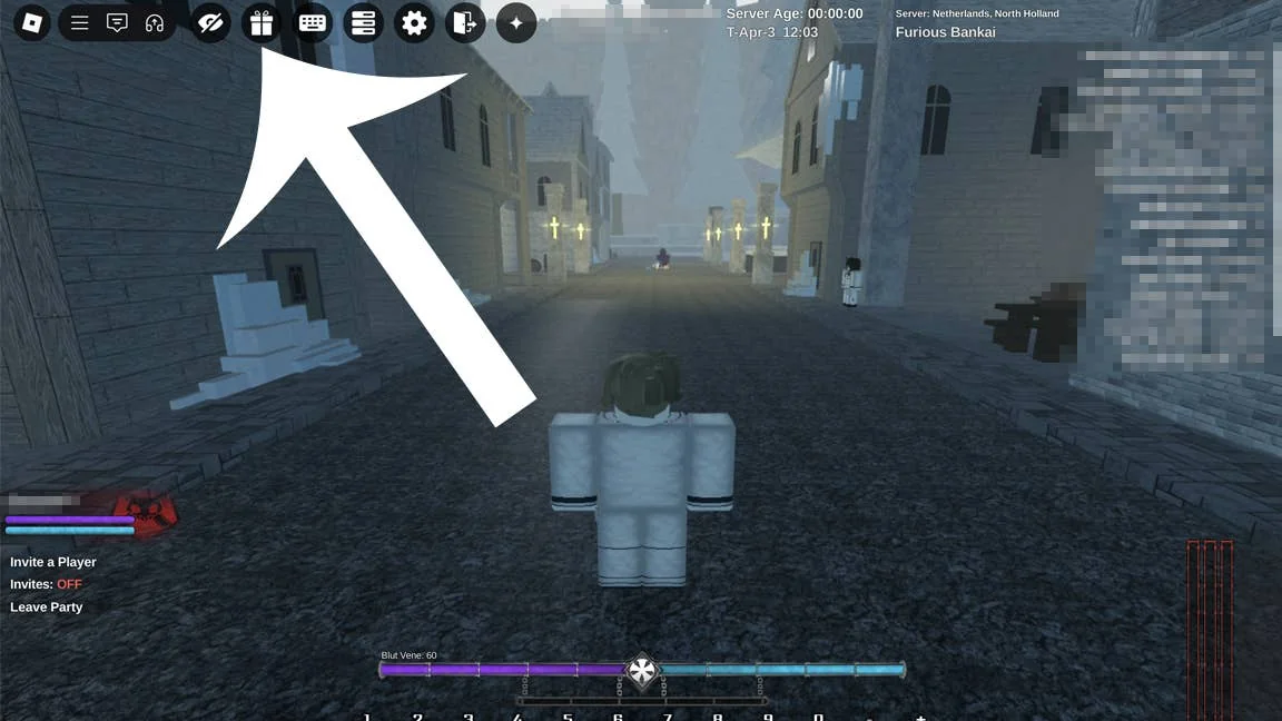 aktuelle-type-soul-codes-und-wie-man-sie-einlost_img_0 | etalongame.de Ein Pfeil, der auf die Codes-Schaltfläche im Roblox-Spiel Type Soul zeigt.