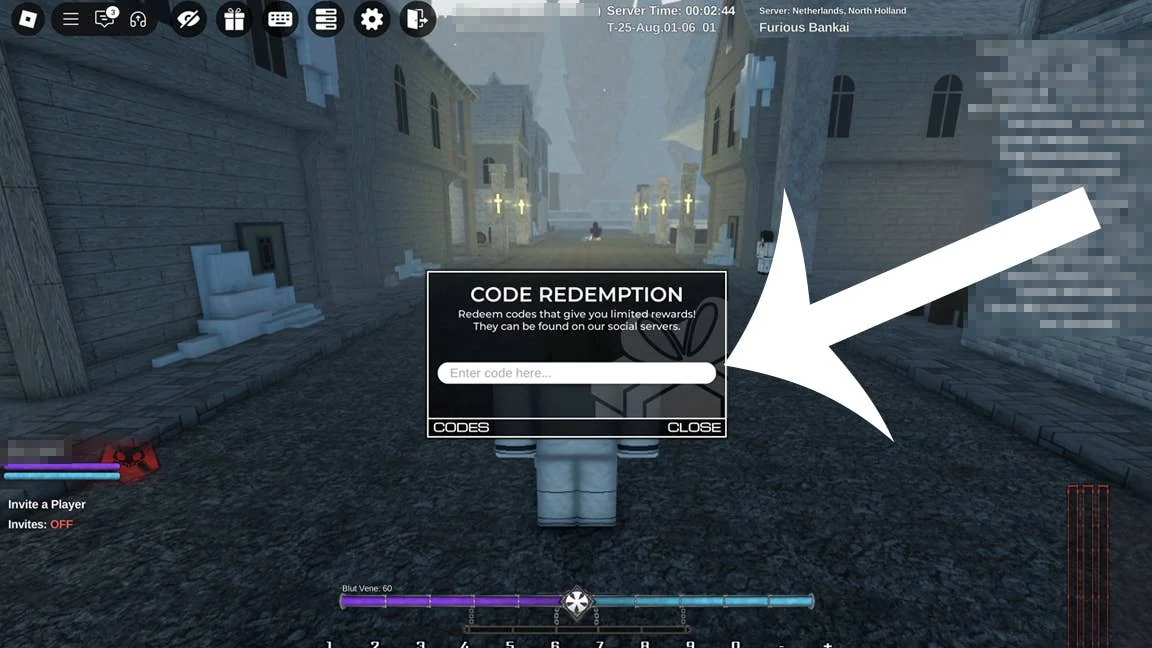 aktuelle-type-soul-codes-und-wie-man-sie-einlost_img_1 | etalongame.de Ein Pfeil, der auf das Codes-Menü im Roblox-Spiel Type Soul zeigt.