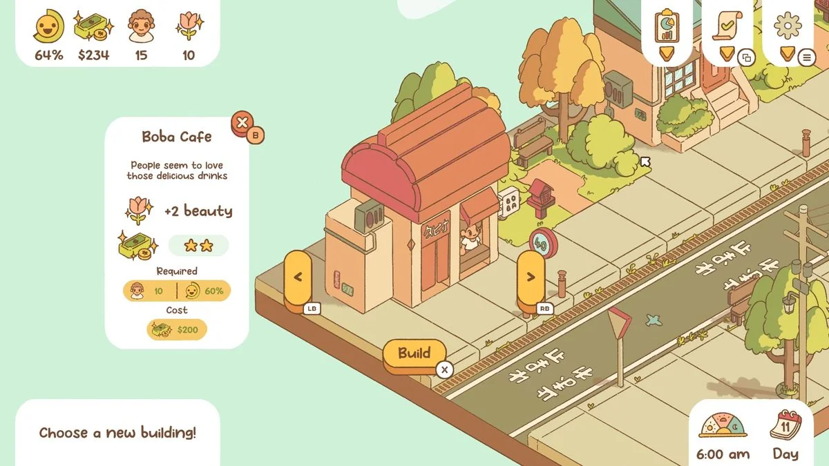 minami-lane-ein-entspannter-management-titel-mit-katzen_img_0 | etalongame.de Minami Lane Screenshot eines Boba-Cafés, das das Einkommen und die Schönheit der Straße erhöht und 10 Personen und eine 60% Zufriedenheitsbewertung und 200 $ zum Bauen erfordert