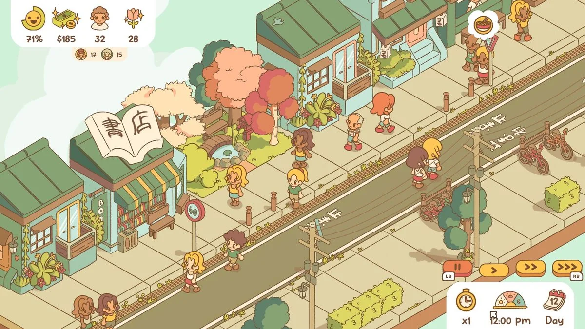 minami-lane-ein-entspannter-management-titel-mit-katzen_img_3 | etalongame.de Minami Lane Screenshot einer belebten Straße, gesäumt von Häusern, einem Park und einem Buchladen, mit vielen vorbeigehenden Bewohnern