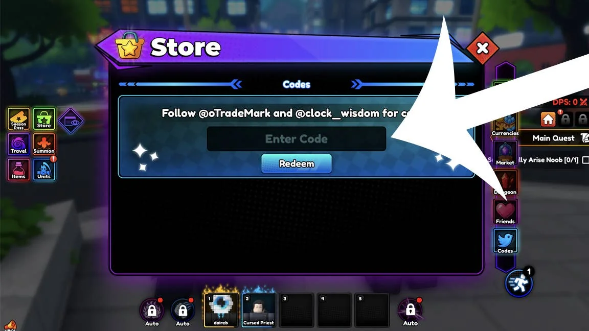 anime-rising-alle-aktuellen-codes-fur-das-spiel_img_2 | etalongame.de Ein Pfeil, der auf das Codes-Menü im Roblox-Spiel Anime Rising zeigt.