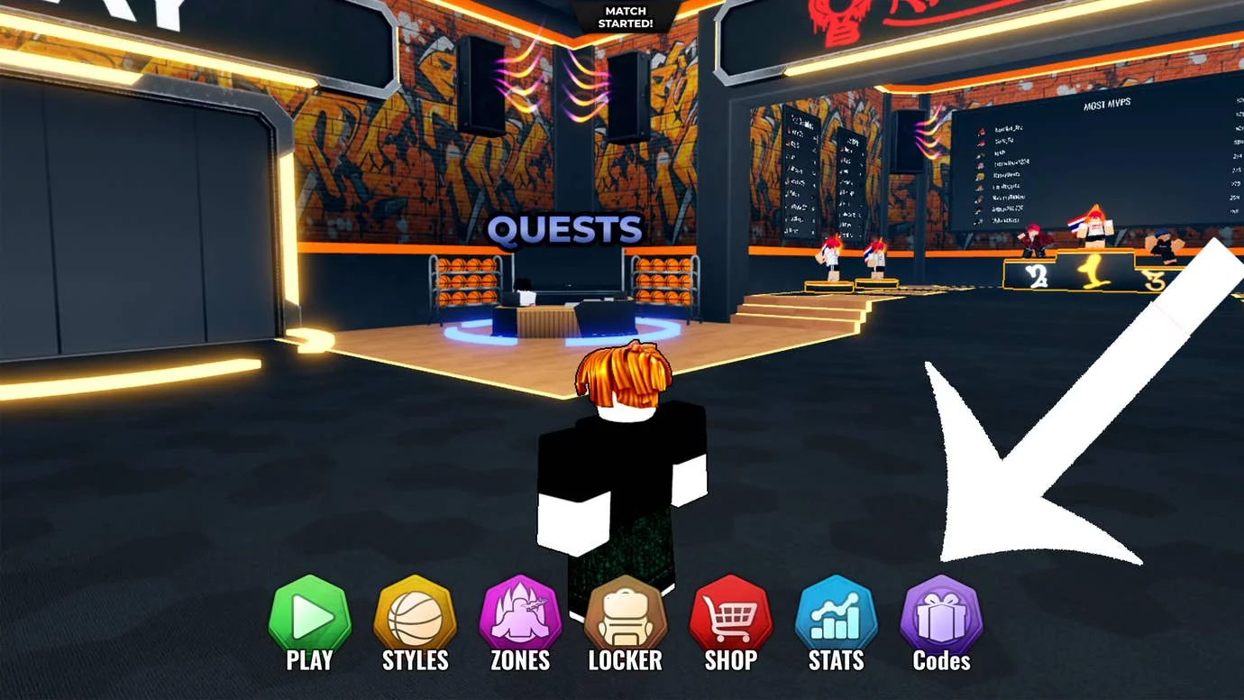basketball-zero-neue-codes-und-tipps-fur-das-roblox-spiel_img_0 | etalongame.de Pfeil zeigt auf die Codes-Schaltfläche im Roblox-Spiel Basketball Zero.