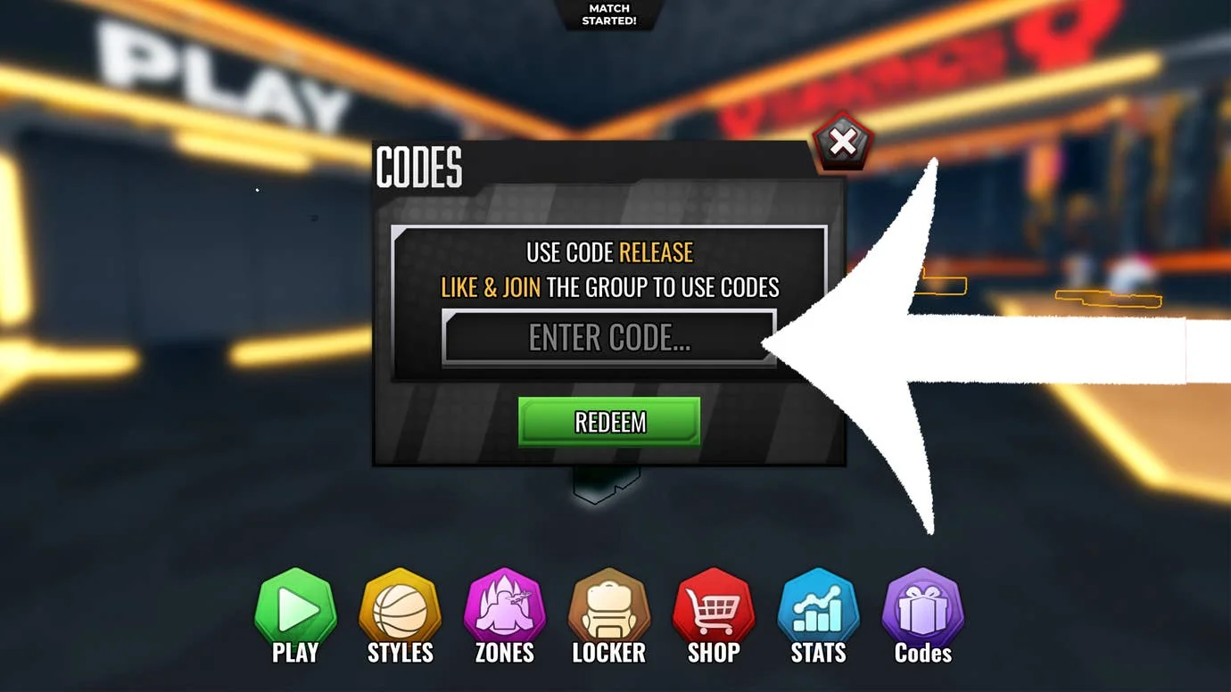basketball-zero-neue-codes-und-tipps-fur-das-roblox-spiel_img_1 | etalongame.de Pfeil zeigt auf das Codes-Menü im Roblox-Spiel Basketball Zero.