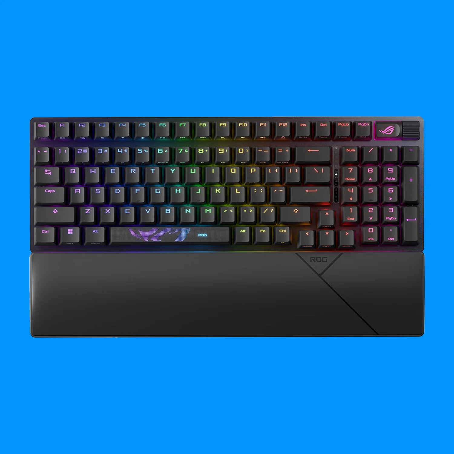 Eine Asus ROG Strix Scope II 96 Wireless Gaming-Tastatur auf einem blauen Hintergrund.