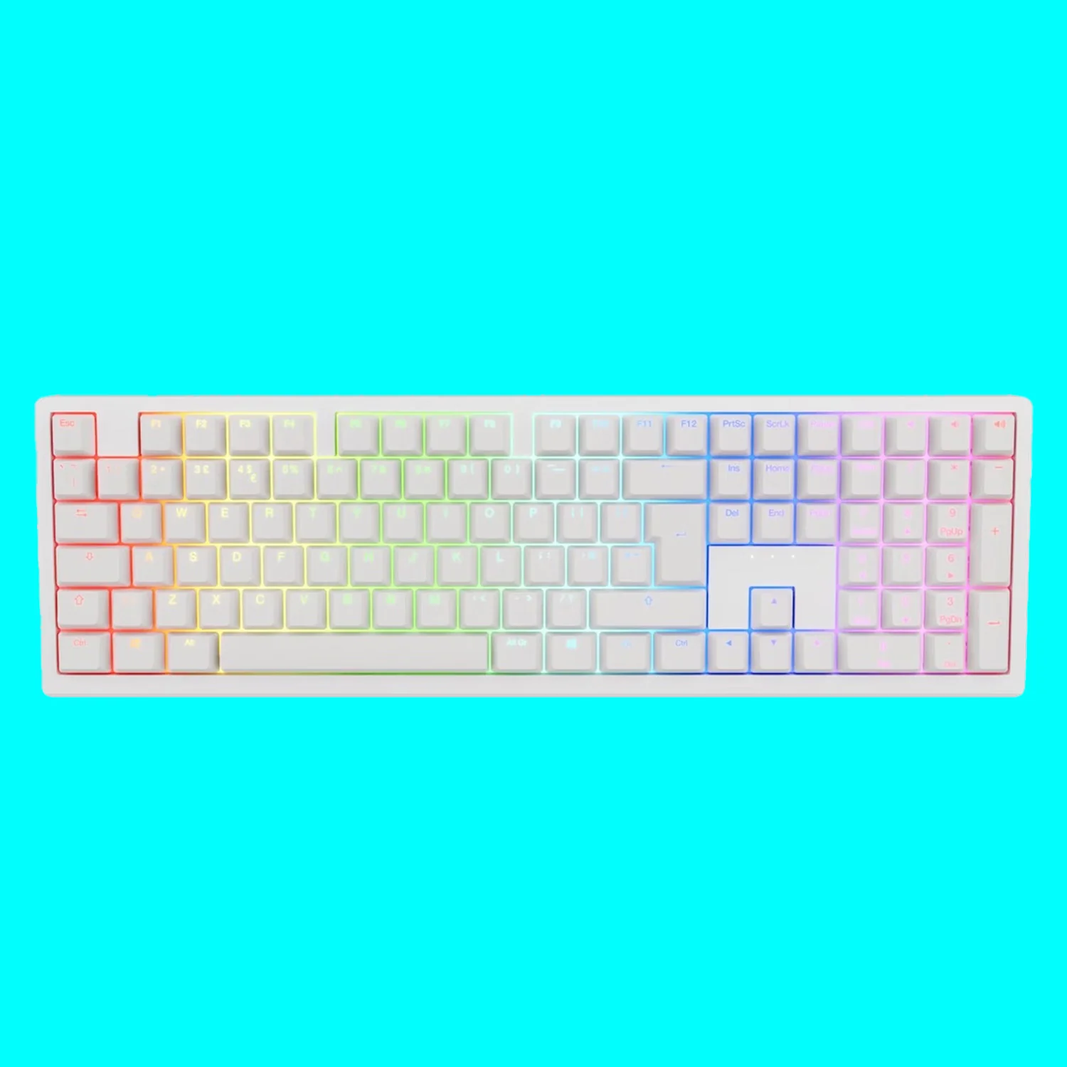 Eine weiße Ducky Zero 6108 auf einem blauen Hintergrund.