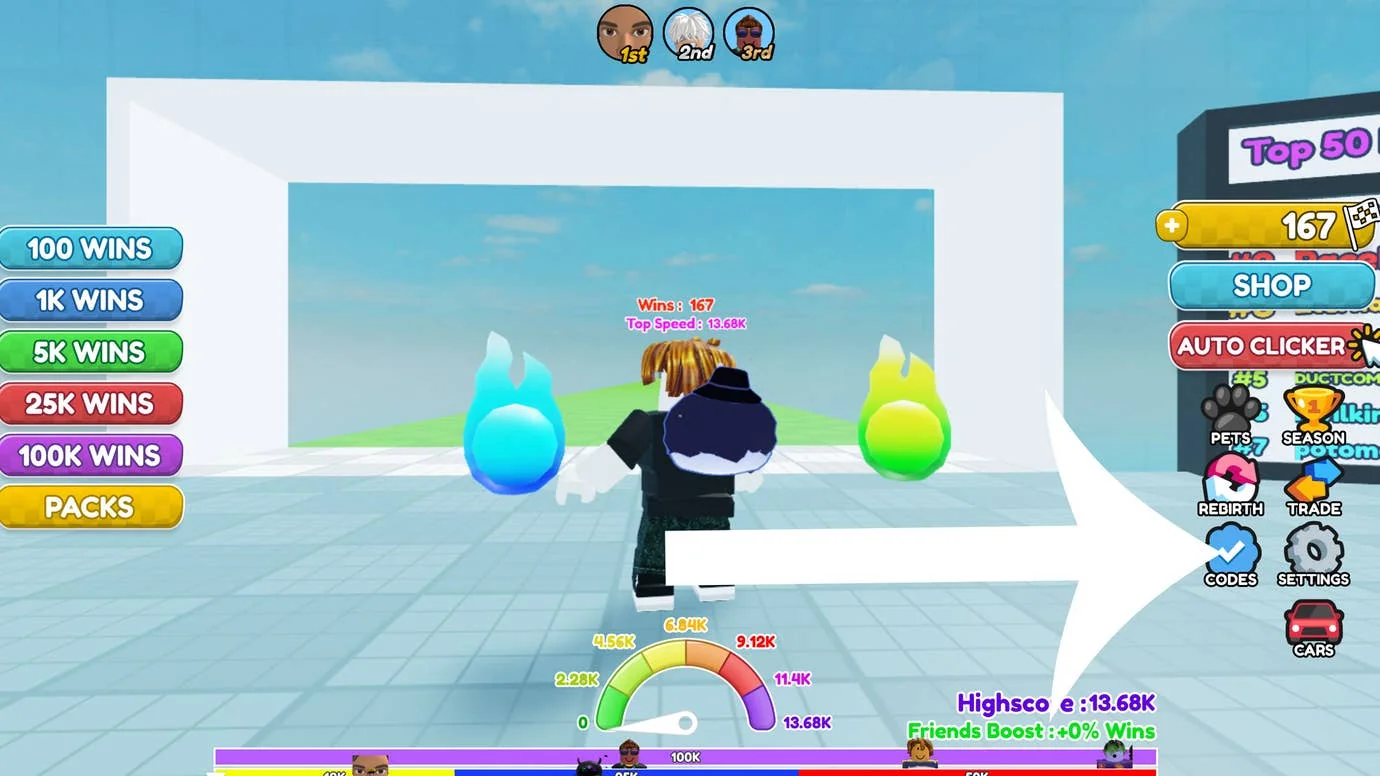 race-clicker-neue-codes-fur-das-beliebte-roblox-spiel_img_0 | etalongame.de Ein Screenshot aus dem Spiel Roblox Race Clicker mit einem Pfeil, der auf den Button zeigt, den die Spieler drücken müssen, um einen Code einzulösen.