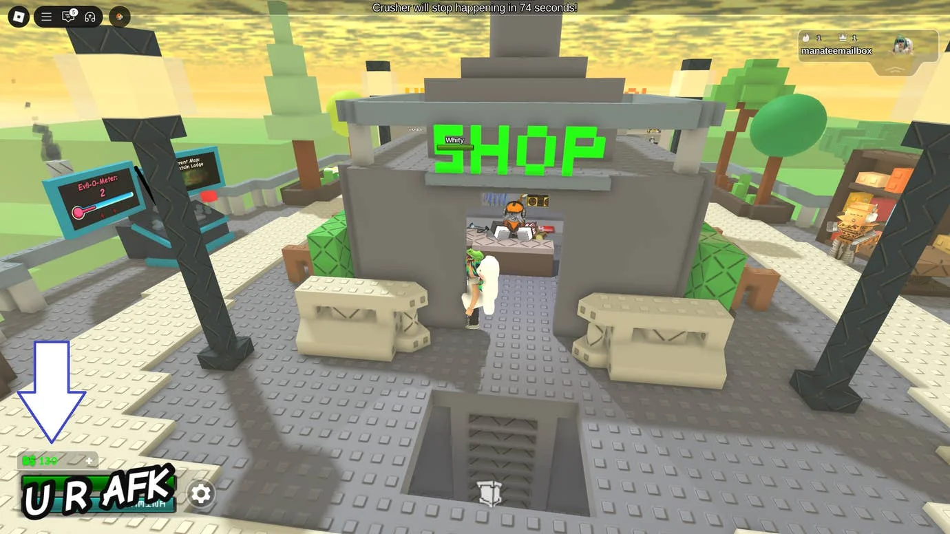 something-evil-will-happen-uberleben-in-roblox_img_0 | etalongame.de Ein Screenshot von Something Evil Will Happen in Roblox, der den Dosh-Button des Spiels zeigt.