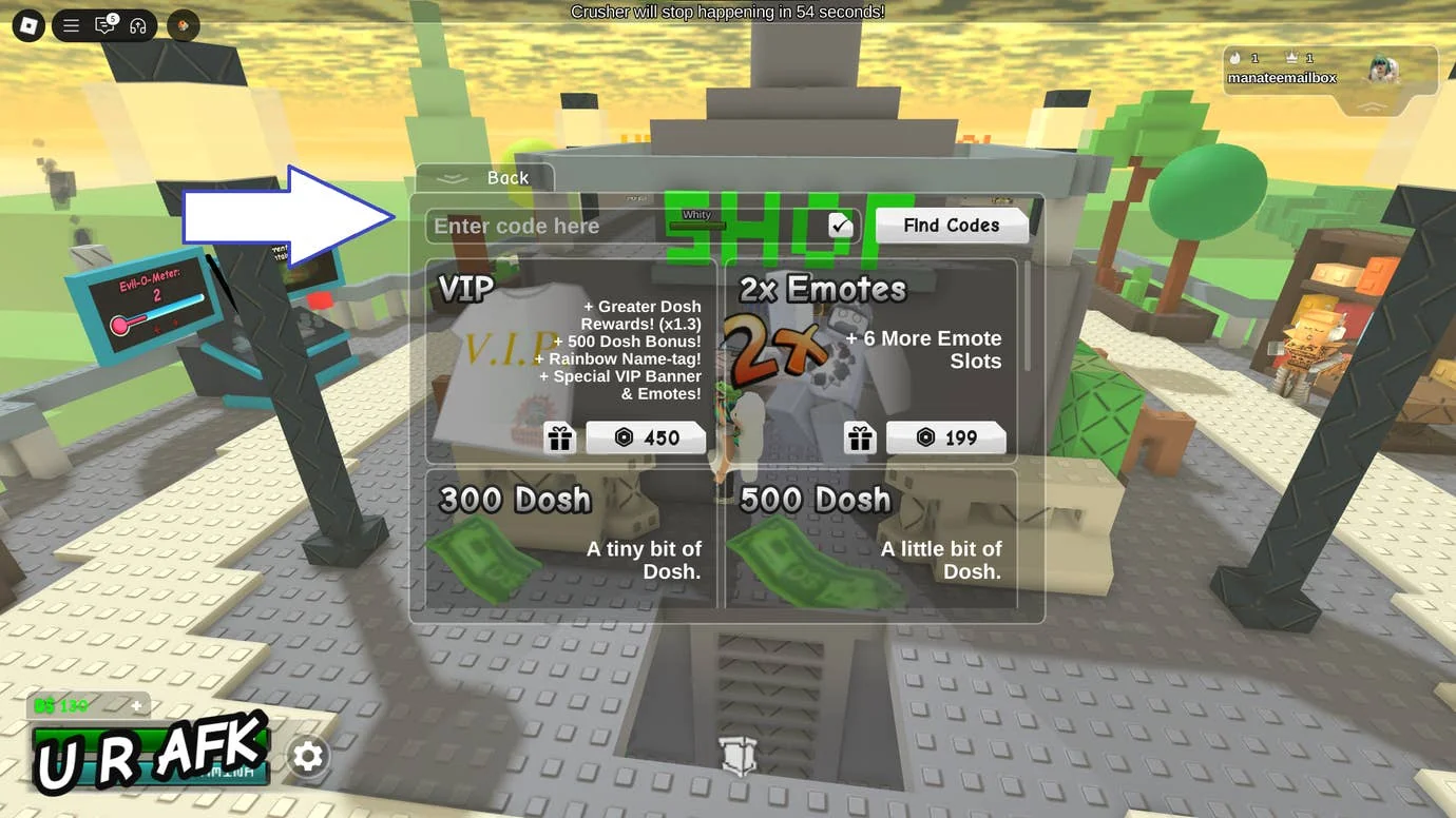 something-evil-will-happen-uberleben-in-roblox_img_1 | etalongame.de Ein Screenshot von Something Evil Will Happen in Roblox, der das Codes-Feld des Spiels zeigt.